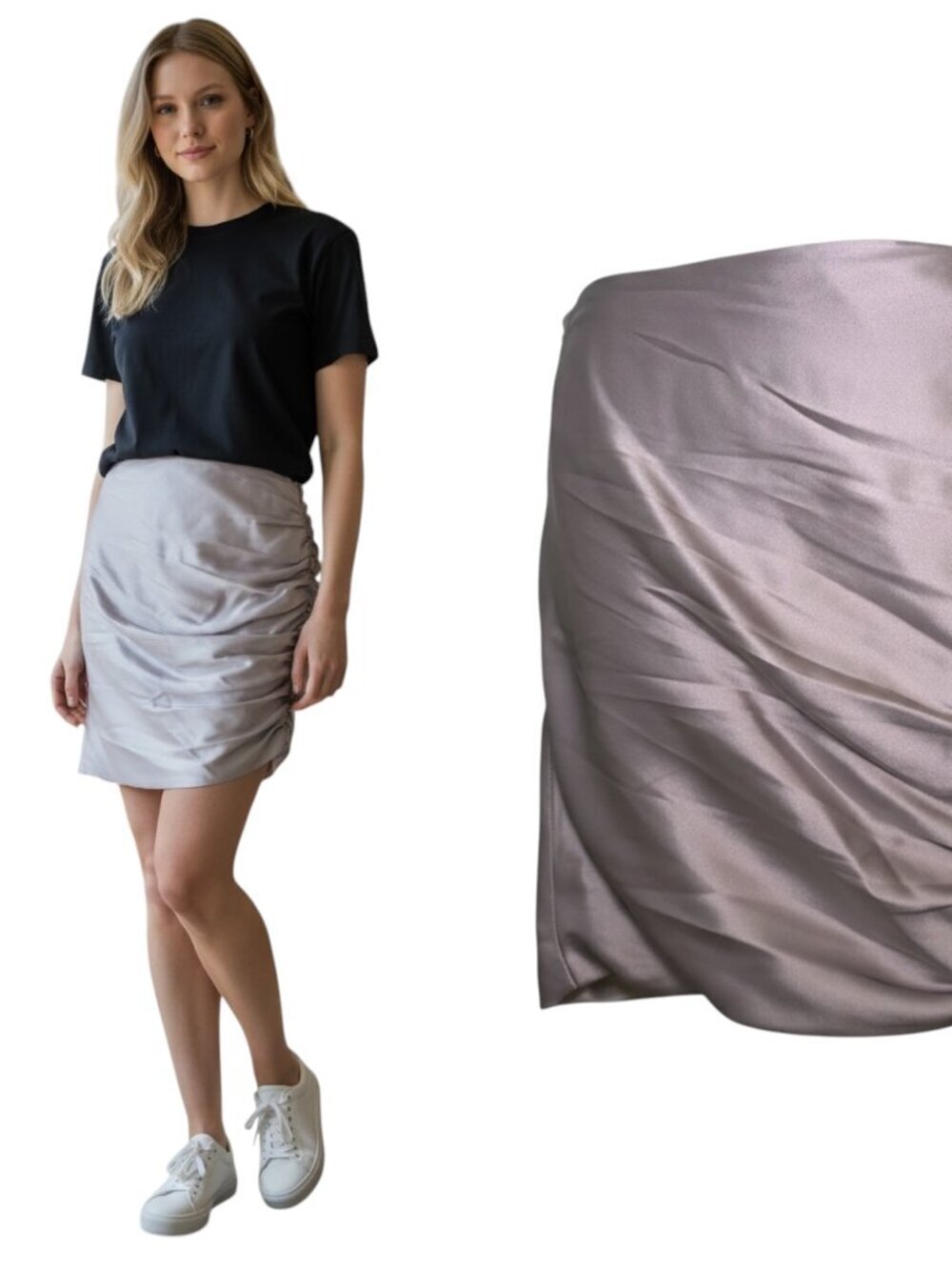 The Sei Silk Ruched Mini Skirt Silver Size 10 NWT Designer